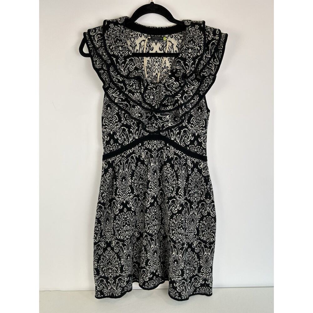 Leifsdottir Sweater Dress Cashmere Wool Blend Black White‎ Paisley Ruffles Large